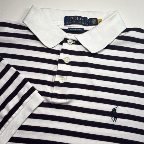 Polo Ralph Lauren Custom Slim Fit Mens Large White Blue Stripe Short Sleeve Polo - Picture 1 of 6